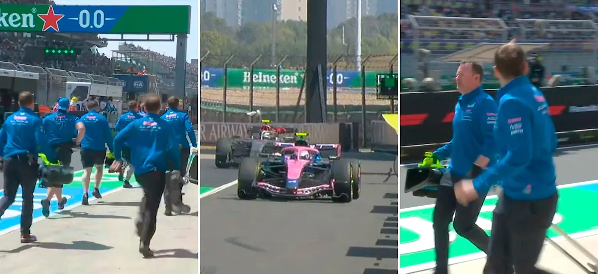 El problema que sufrió Colapinto a metros de los boxes en la práctica en China: la curiosa imagen con sus mecánicos