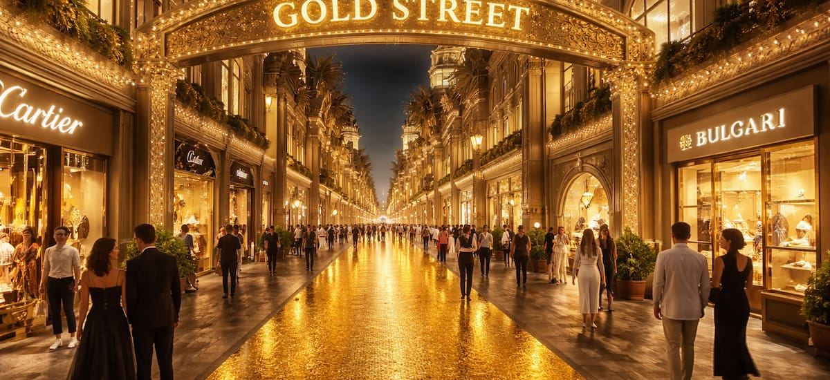 Construyen una calle pavimentada con oro en el distrito más lujoso del país: contará con más de 1000 tiendas